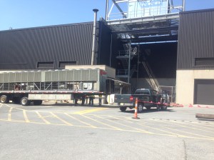 The 500 ton temporary system in the foreground. The new chillers (1300 tons) up high.