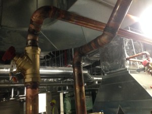 Plant Room 6 Level 4 – flow is south to north.  The upstream (south) is within limits (10 x dia) but the downstream (north) should have a straight line pipe section of at least 5 x dia. The valve is 50mm dia = 250mm. Clearly the angle change and then the 90 deg elbow are both inside 250mm so out of limits.   