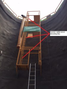 Incorrect layout of the segments (not alternating). It's a 6m drop from top to bottom with no fall arrest system.