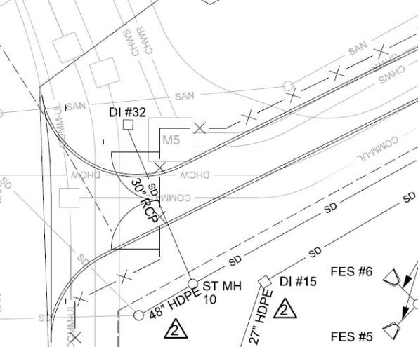 Original Design - Drainage run in question is DI32 - SD10 running under the road.