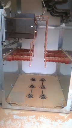 The Gland plates in the current transformers - perfect for three single core cables, not so good for a single three core cable.