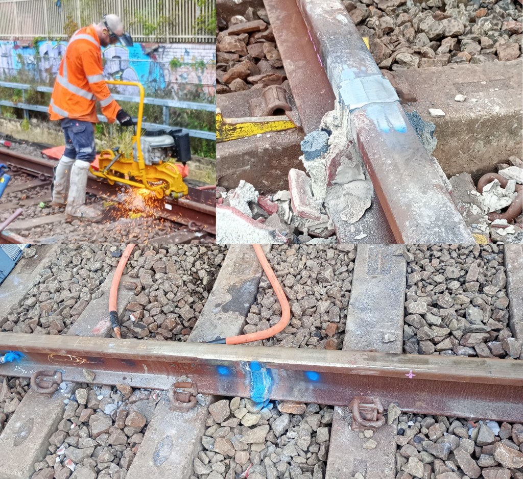 Grinding down the new rail joint.